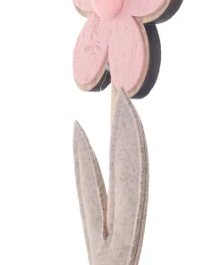 Décoration fleur en bois avec motif sur pied rose 32,5cm