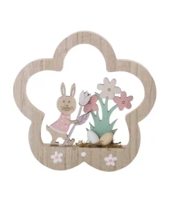Décoration fleur en bois avec décor de pâques sur pied 15,3cm