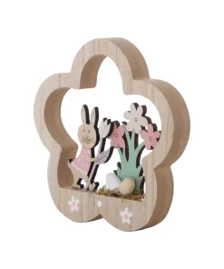 Décoration fleur en bois avec décor de pâques sur pied 15,3cm