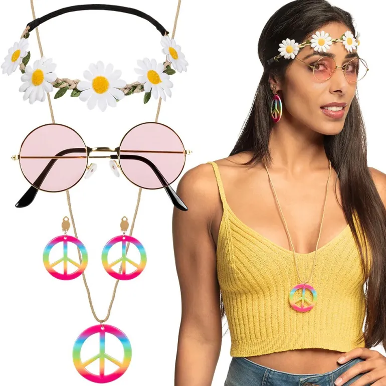 Hippie Set Flower Power - bandeau + lunettes + pendants d'oreille + collier