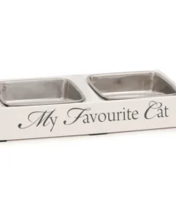 Mangeoire double 'My favourite cat' blanc 24 x 12 x 4 cm