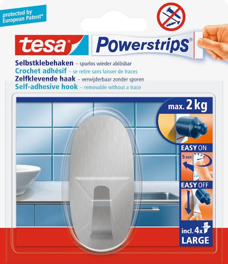 Powerstrips® crochet L ovale en métal (1 crochet + 4 languettes)