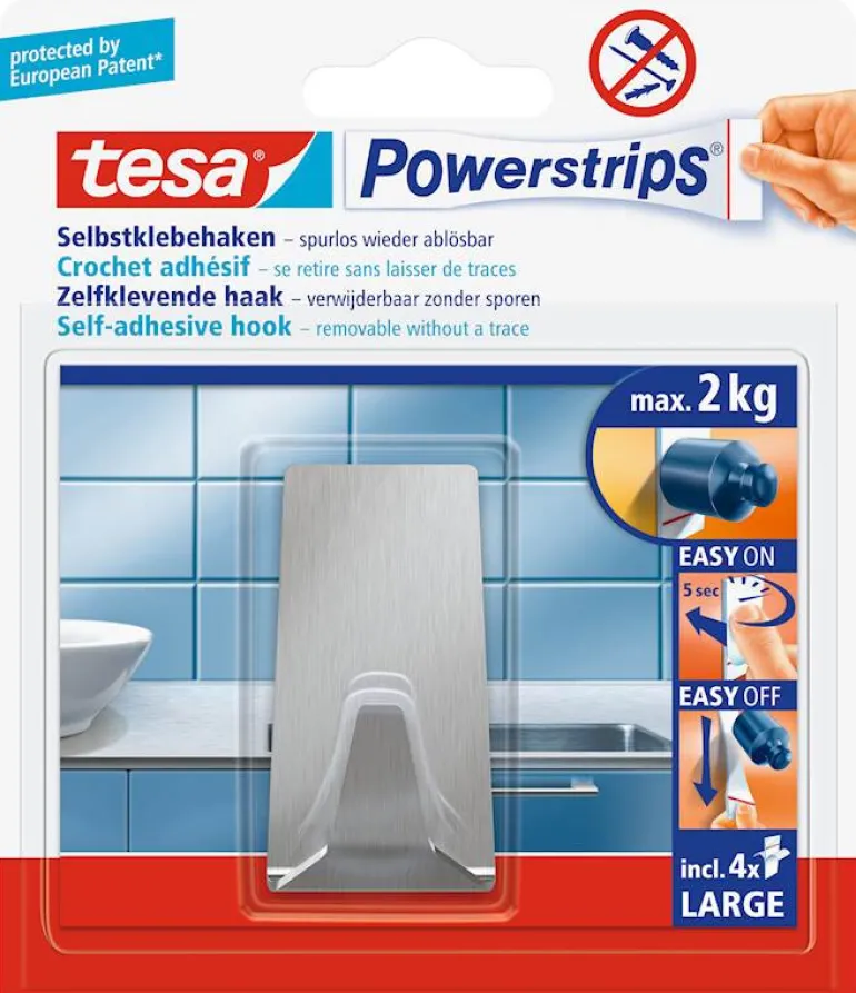 Powerstrips® crochet L rectangulaire en métal (1 crochet + 4 languettes)