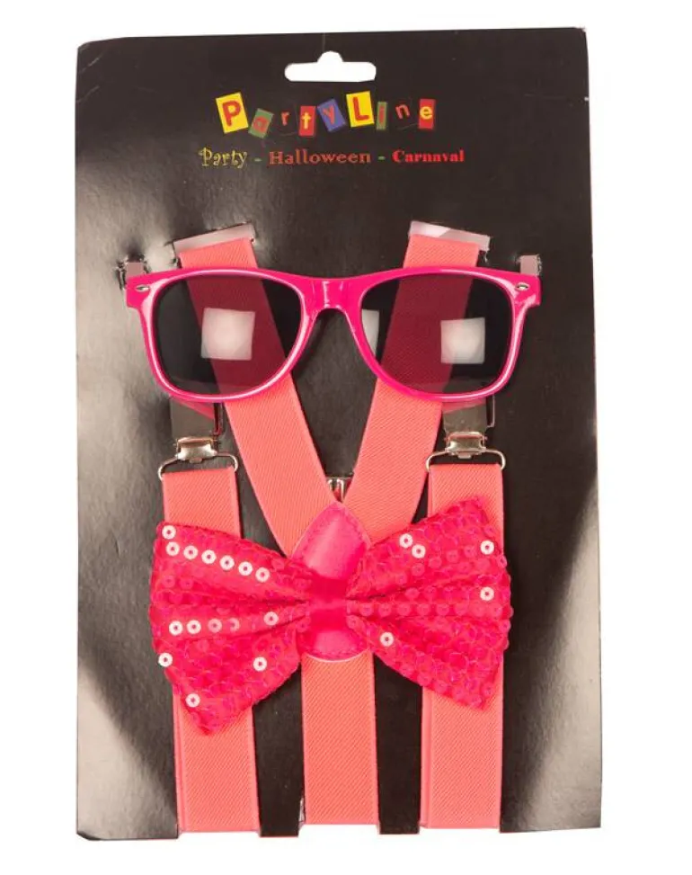 Set Fluo Fuchsia - Bretelles + Nœud Papillon + Lunettes
