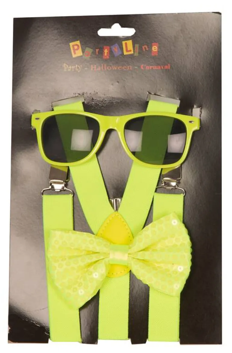 Set Fluo Jaune - Bretelles + Nœud Papillon + Lunettes