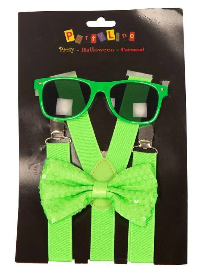 Set Fluo Vert - Bretelles + Nœud Papillon + Lunettes